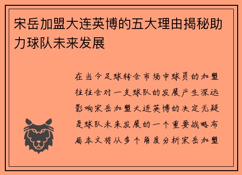 宋岳加盟大连英博的五大理由揭秘助力球队未来发展